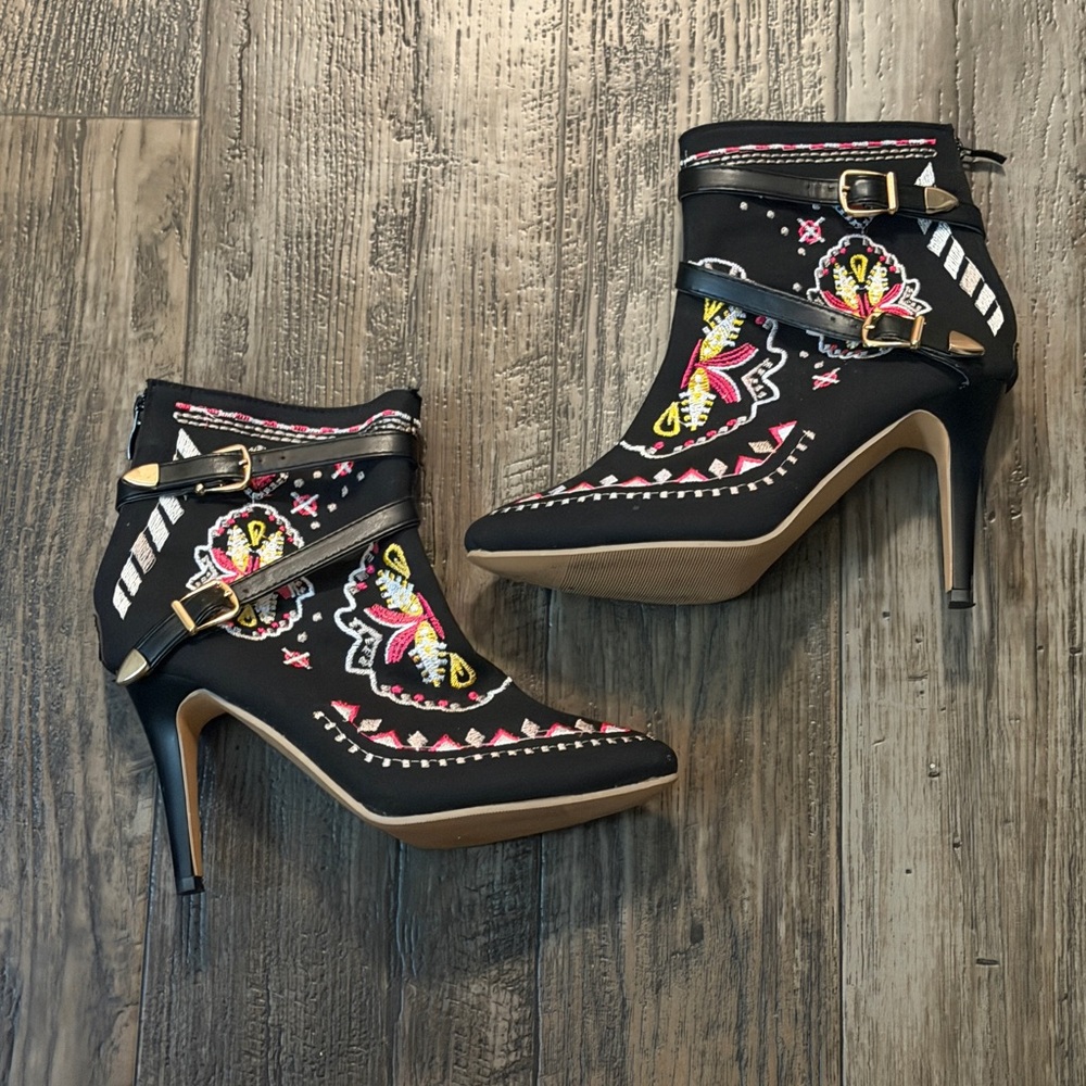 Embroidered Black Ankle Boots